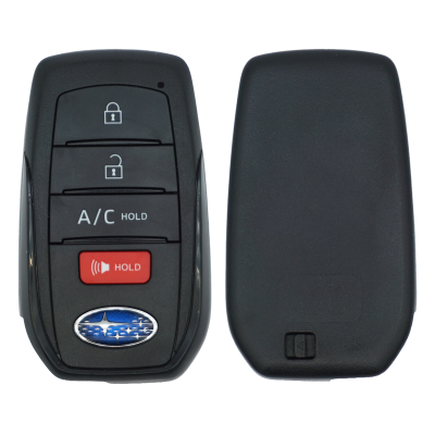 Car key fob with lock, unlock, A/C hold, and red HOLD button; Buick emblem at bottom, alongside its back cover on the right.
